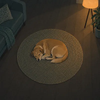 Illustration: a dog lying relaxed on a rug with soft eyes