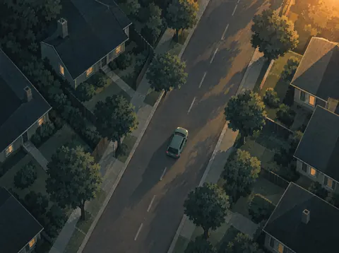 Illustration: a car on a quiet suburban road in early morning