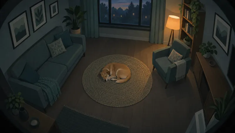 Illustration: a dog asleep on a round rug in a dim living room, seen from a home camera