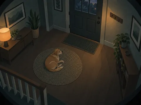 Illustration: a calm dog on a rug near a just-closed front door