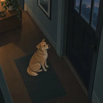 Illustration: a dog sitting in the hallway, watching the front door
