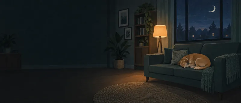 Illustration: a quiet living room at night with a dog asleep on the sofa