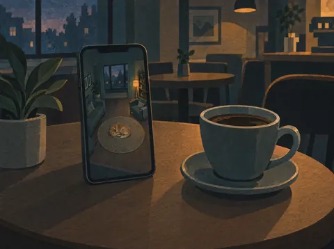 Illustration: a live camera view of a sleeping dog, checked from a café table
