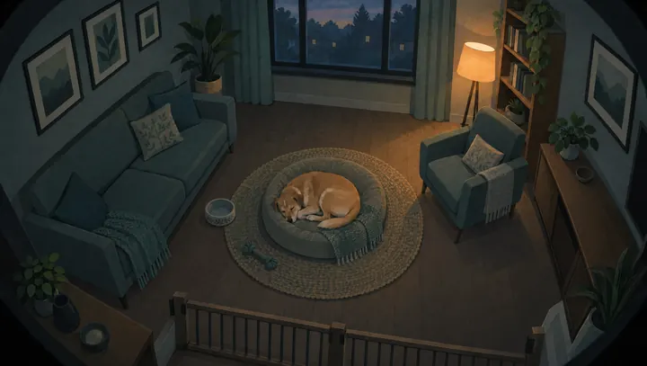 Illustration: a dog resting on a bed in a small gated safe room