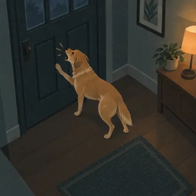 Illustration: a dog pawing and barking at the closed front door